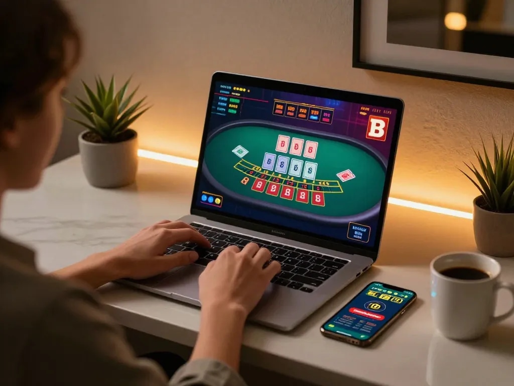 EE88 player engaging in dynamic live dealer baccarat at home gaming setup