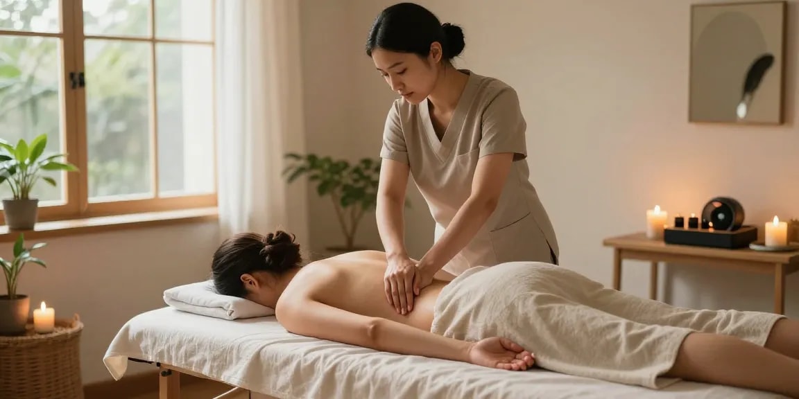 마사지 치료 중인 고객과 전문가의 평온한 모습, 아로마와 식물이 있는 휴식 공간.