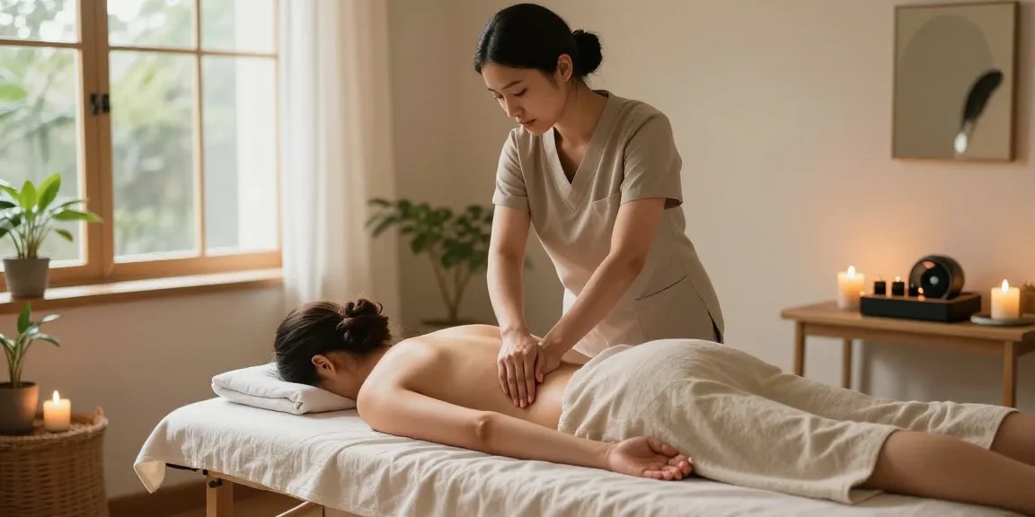 마사지 치료 중인 고객과 전문가의 평온한 모습, 아로마와 식물이 있는 휴식 공간.