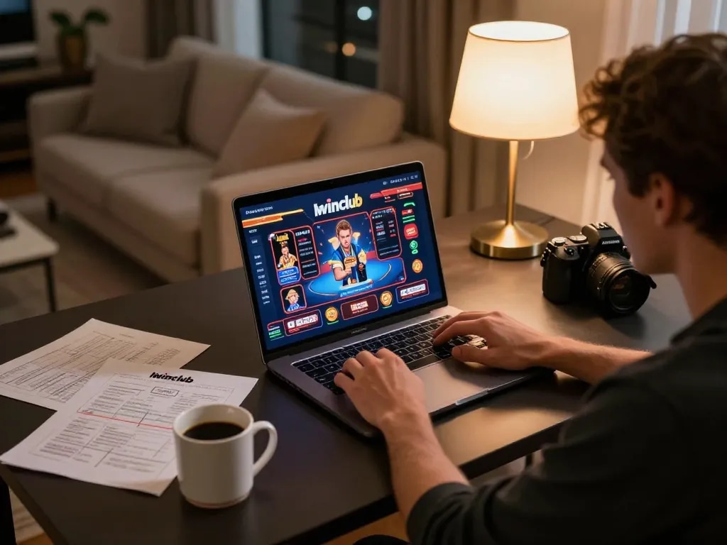 Iwinclub player engaging in online gambling with stylish laptop in cozy home setup.