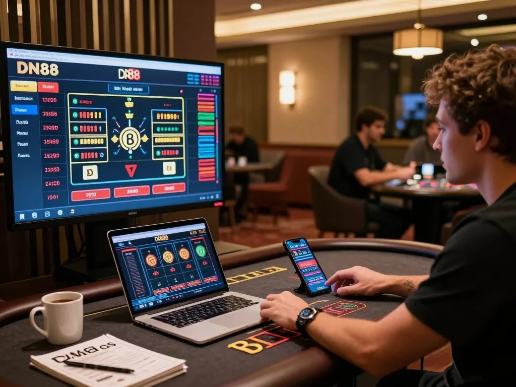 Engaging scene of a player using DN88 for live dealer games and exploring betting options.