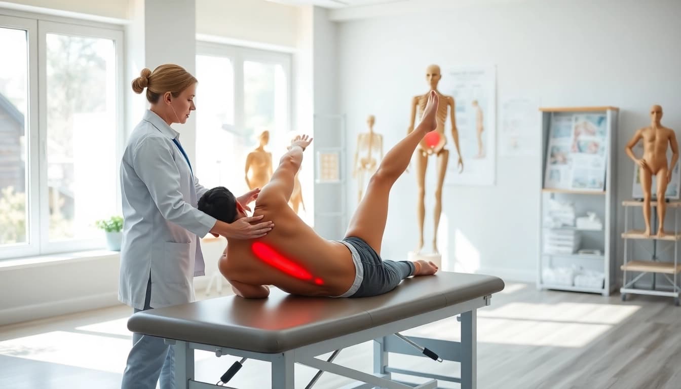 Therapist demonstrating effective back pain treatment techniques on a patient in a serene clinic.