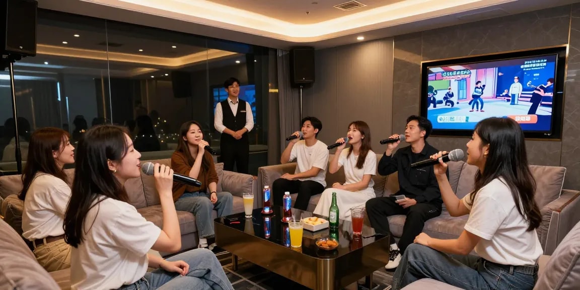 강남가라오케에서 즐거운 시간을 보내는 손님들이 있는 프라이빗 카라오케 룸