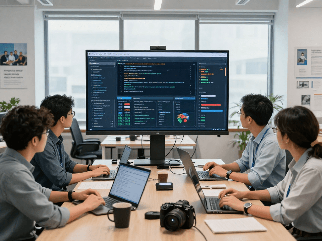 AI detector team analyzing content moderation metrics in a bright office.