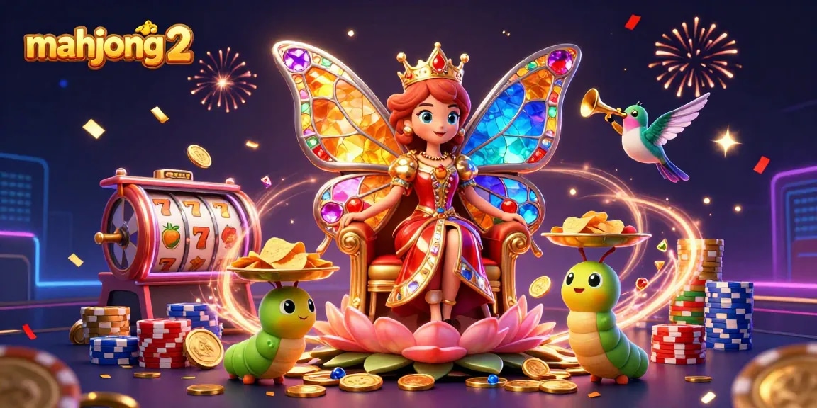 Experience winning strategies with mahjong 2 in a vibrant casino illustration filled with joyful characters and dynamic game elements.