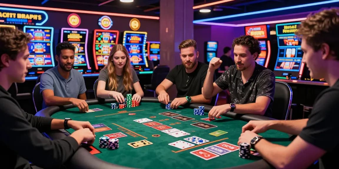 Exciting credit card casinos scene with players at a lively card table and vibrant slot games.
