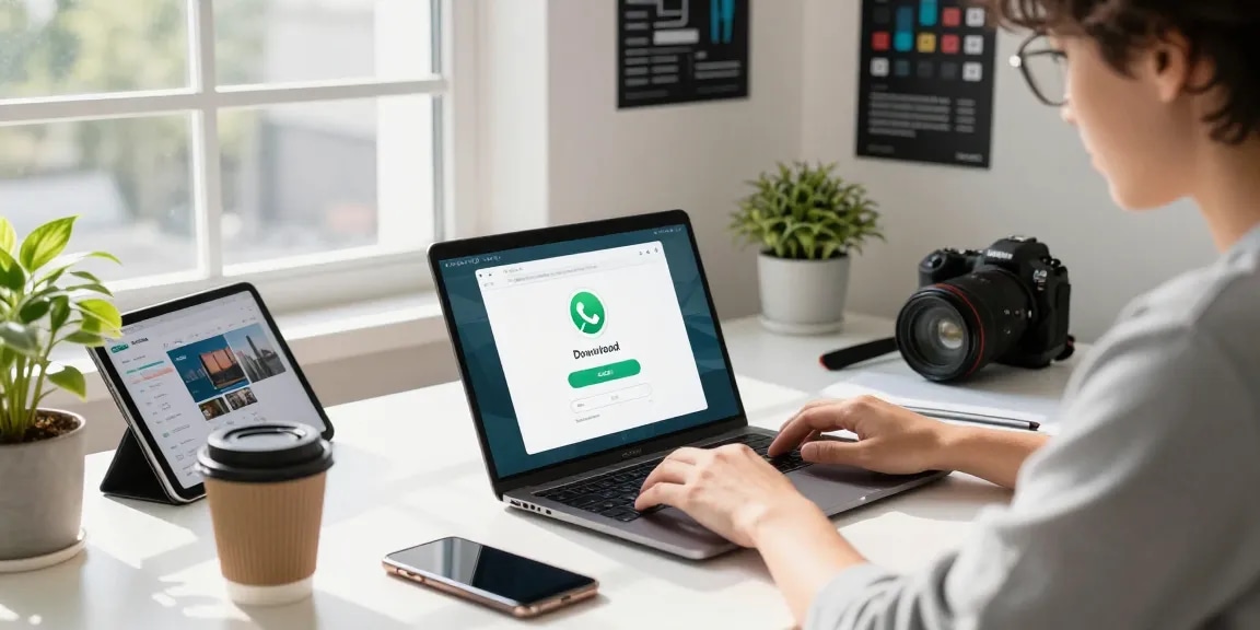 WhatsApp下載 process illustrated in a vibrant tech workspace, featuring laptop and smartphone.
