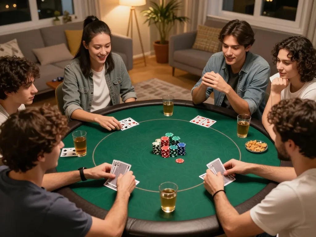 Engaging home poker night showcasing players enjoying slots demo experience with friends.