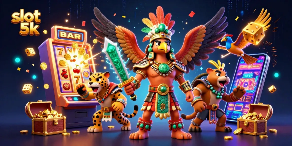 Engage in dynamic slot 5k gameplay with an Aztec warrior and jackpot symbols in a vibrant casino scene.