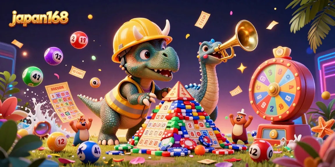 Cheering compys help the triceratops build a poker chip pyramid in the lively japan168 casino.