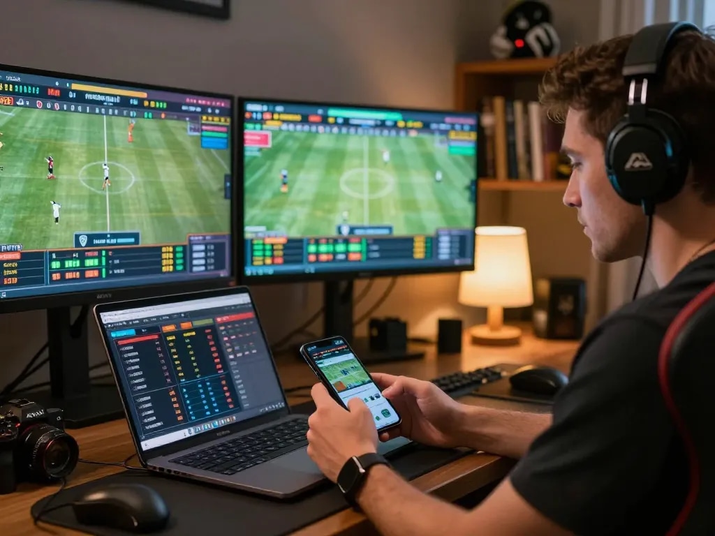 Engaged gambler using 28bet app on smartphone while analyzing live betting odds on multiple screens