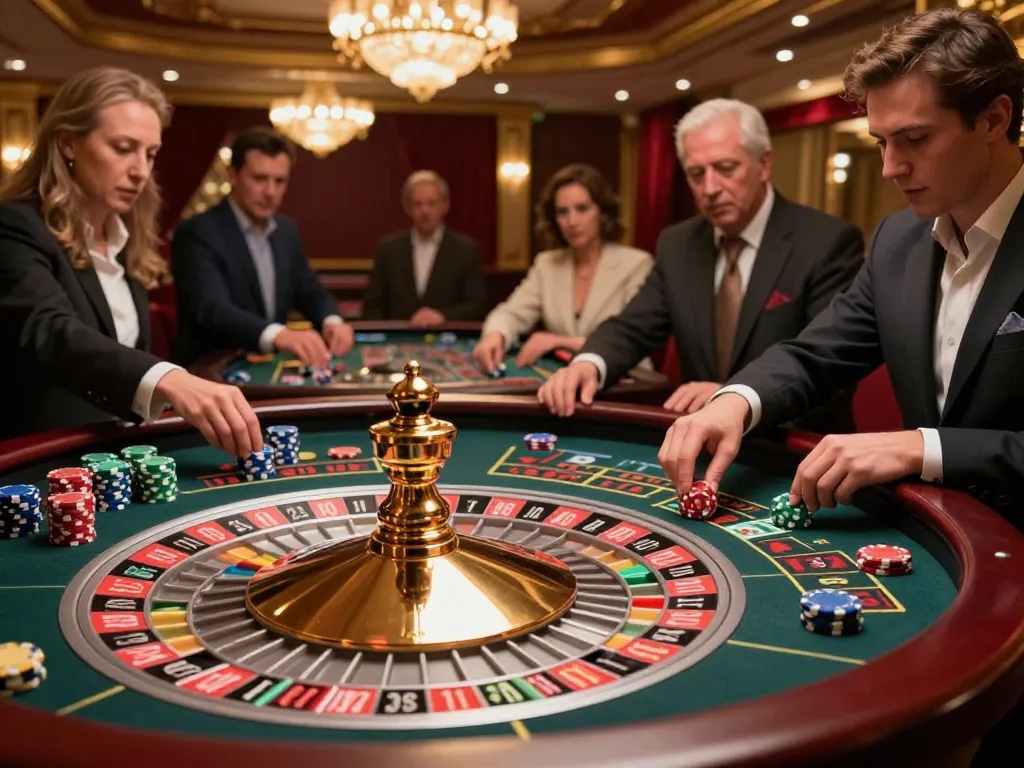 Engaged players at BL555's roulette table placing bets in a luxurious casino.
