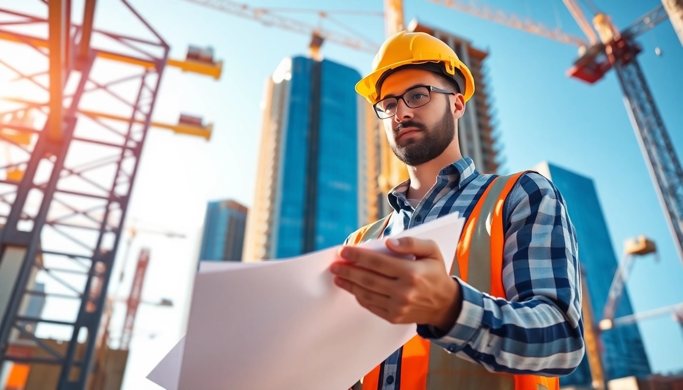 New York General Contractor supervising a construction site with a bustling atmosphere.
