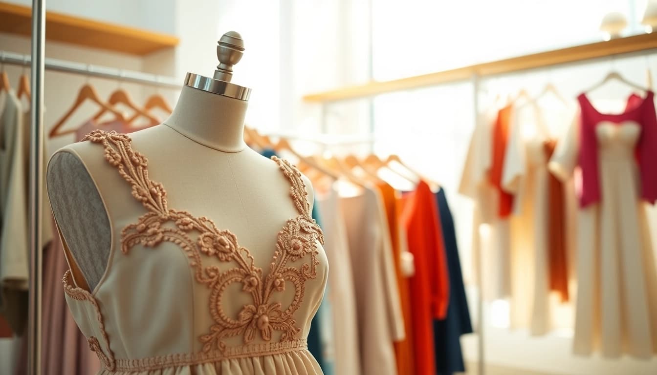 Rivelle showcases elegant fashion pieces in a chic boutique setting.