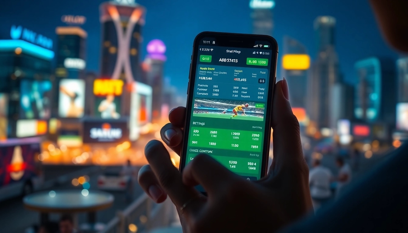 Engaging with sports betting apps India on a smartphone in a vibrant city setting at night.