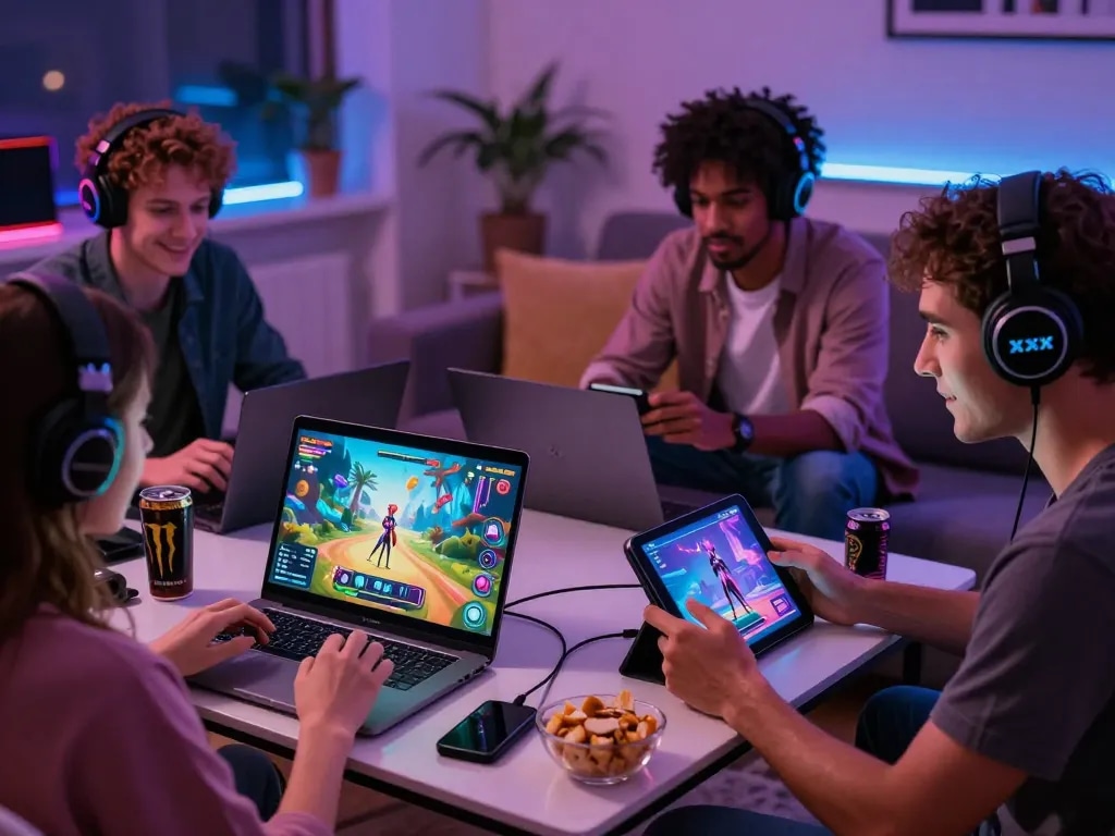 Engaged players enjoying xxx games in a vibrant living room setting.