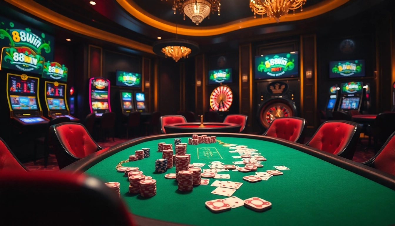 Join the excitement of 98win bet with an intense poker game and vibrant casino atmosphere.