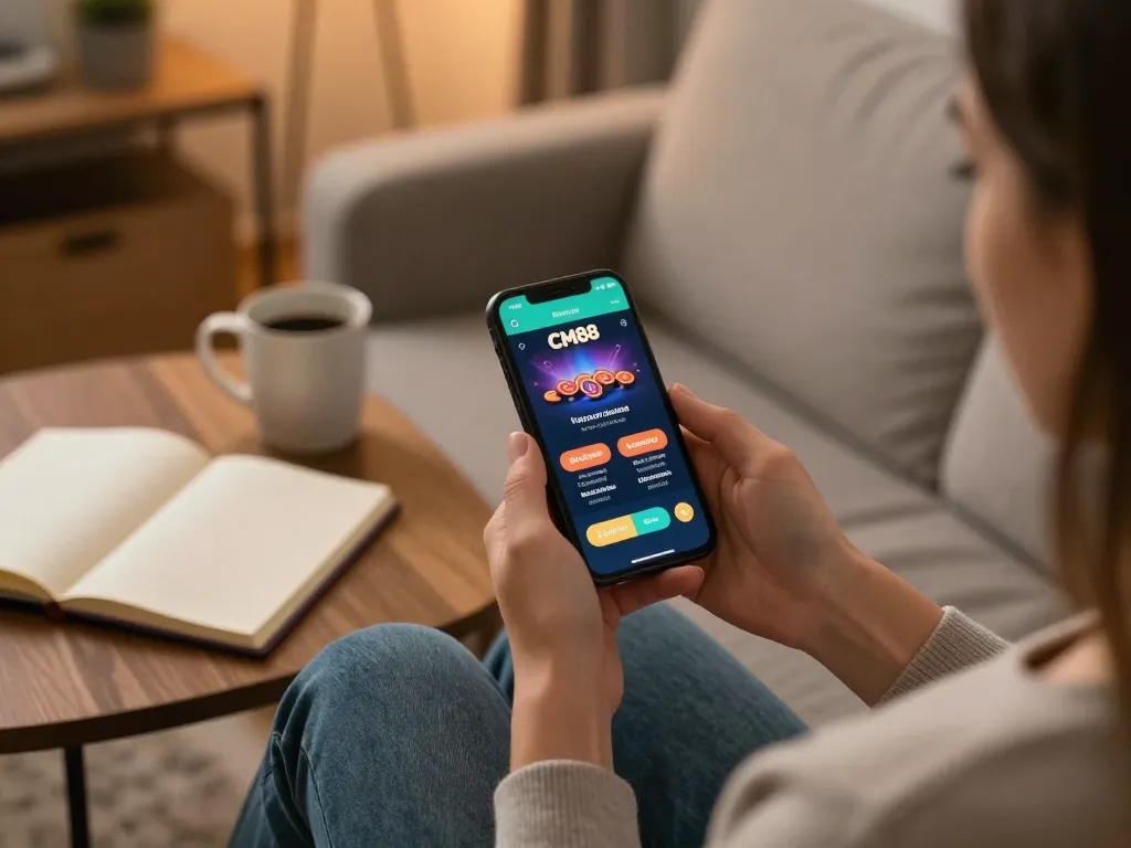 Nạp tiền cm88 on a smartphone in a cozy home, promoting responsible gambling habits.