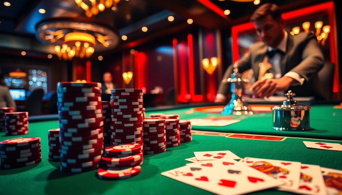 Jouez au poker dans un casino en ligne luxueux avec des jetons et des cartes vibrants sur une table élégante.
