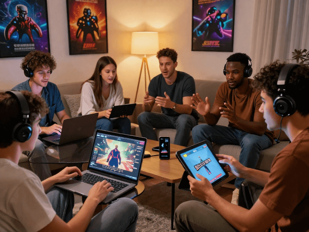 Exciting group scene playing hentai game with different devices in a cozy setting