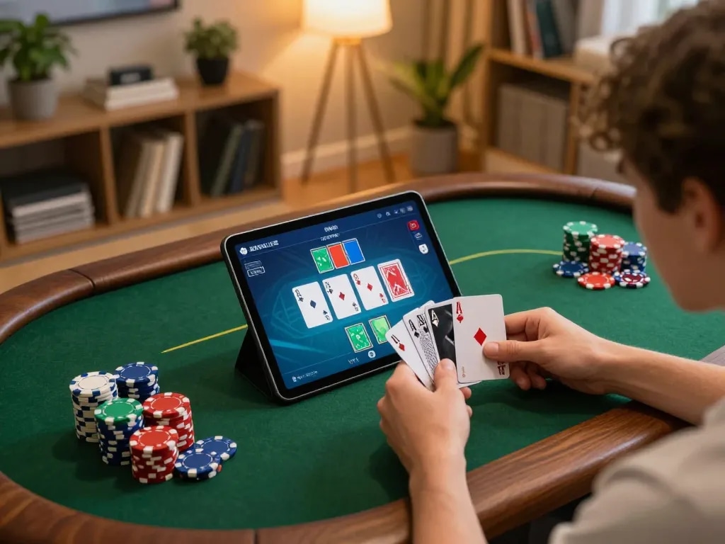Player enjoying an engaging g28 online poker session at home with chips and cards visible.