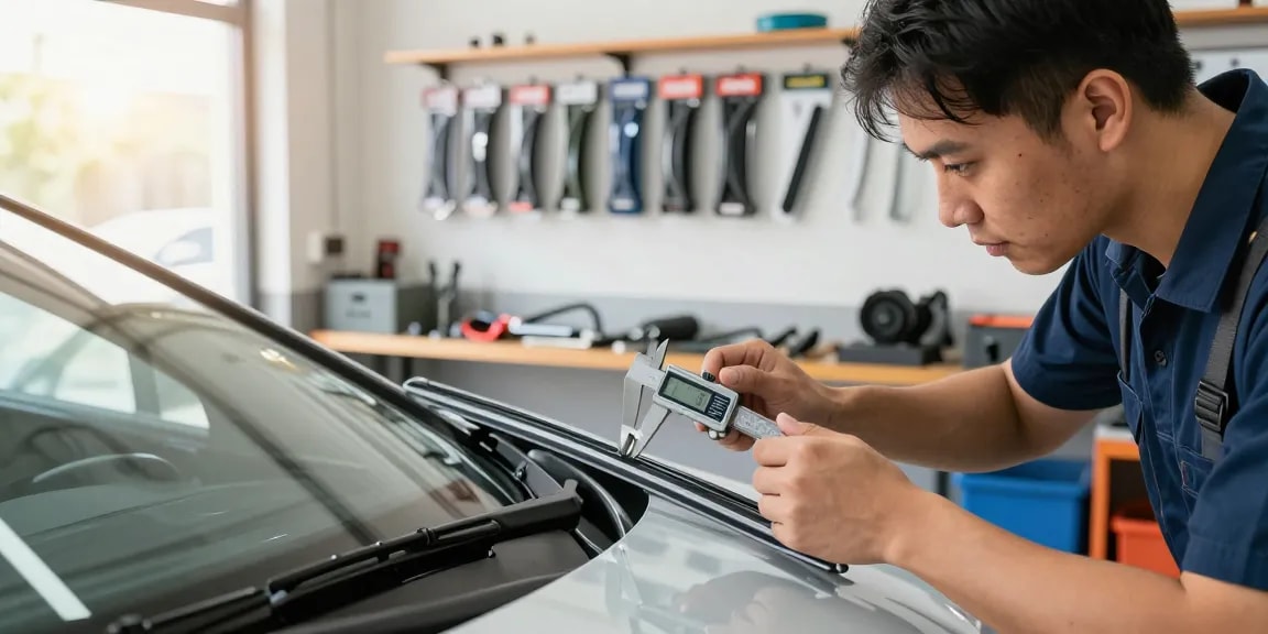 Mechanic examining hybrid wiper blade fit in automotive workshop, ensuring safety and performance.