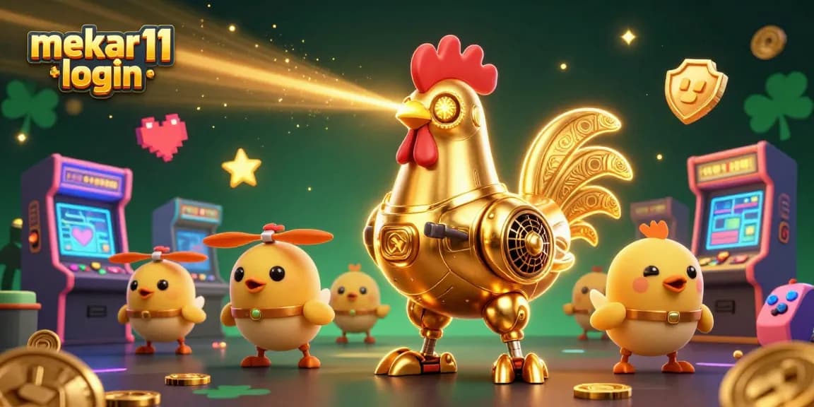 Experience the excitement of casino gaming with the vibrant mekar11 login illustration showcasing a retro-futuristic golden rooster and baby chicks.