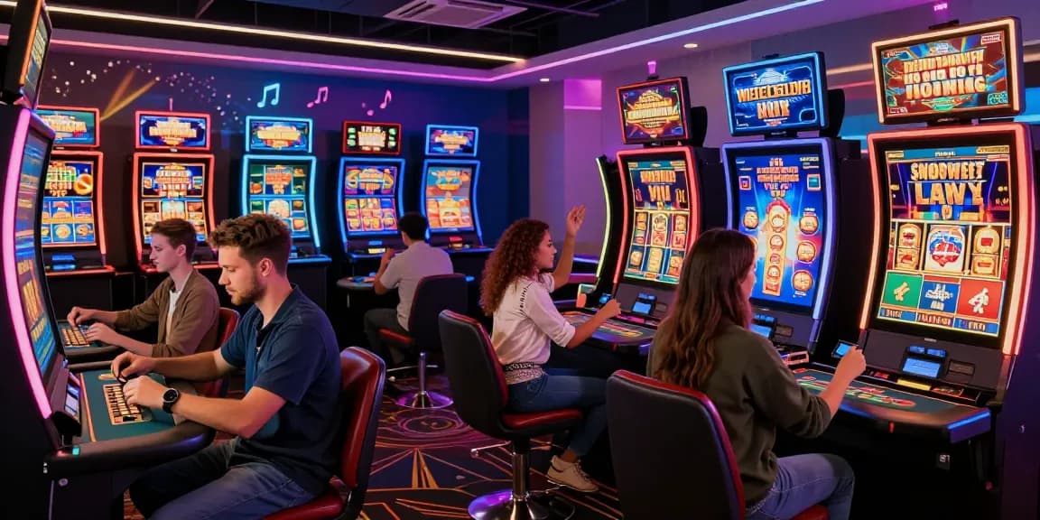 Exciting moment at uk credit card casinos with diverse players engaging in vibrant slot machines and card games.