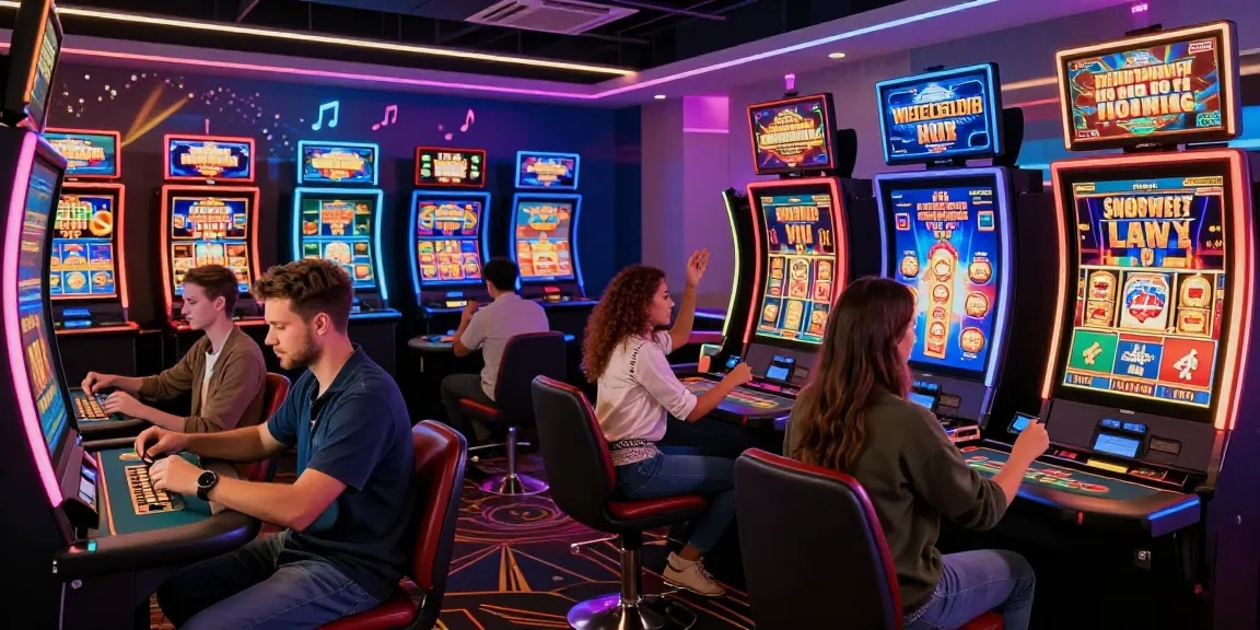 Exciting moment at uk credit card casinos with diverse players engaging in vibrant slot machines and card games.