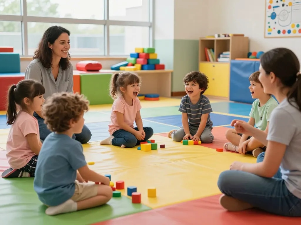 Empowering Speech Therapy Sydney sessions with children in a sensory gym, engaging in playful activities with therapists.