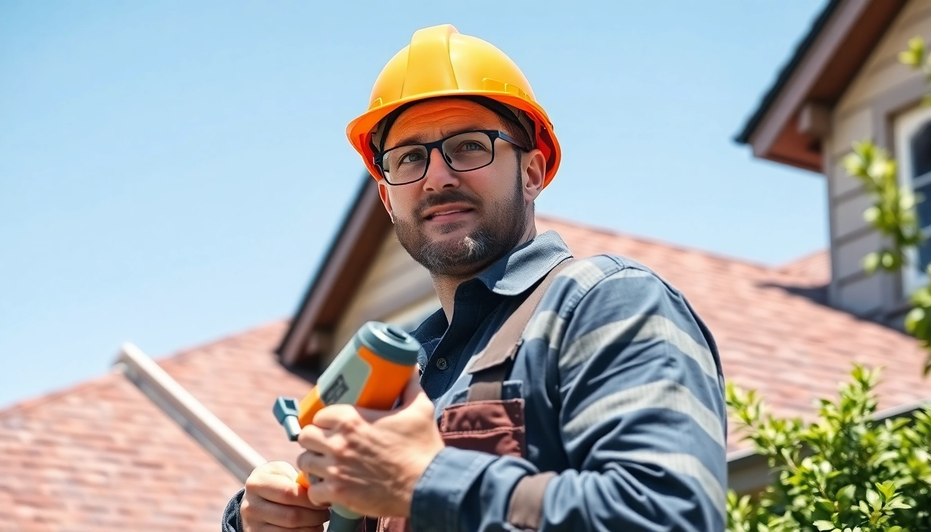 Roofing contractor assessing a home’s roof in bright daylight.