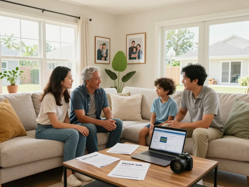 Family discussing a quick house sale in a bright living room with modern decor