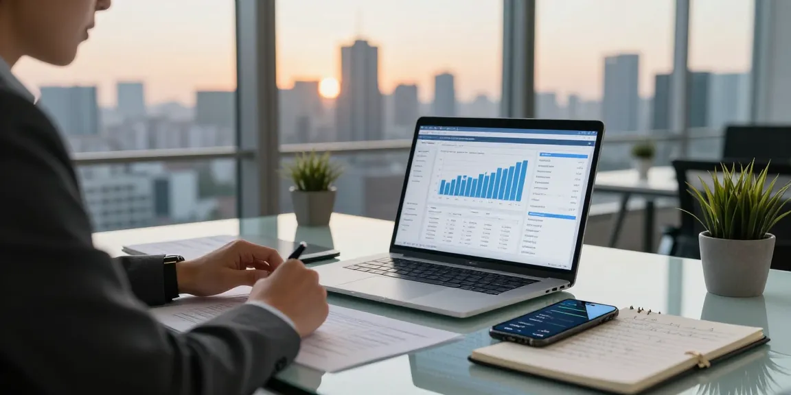 Business professional engaged in financial crime intelligence analysis in a modern office setting.