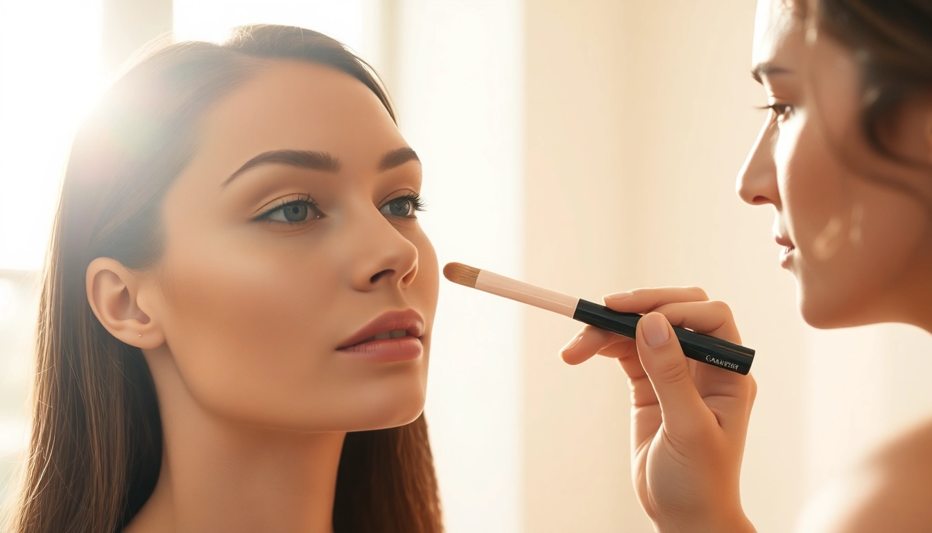 Applying concealer with an angled concealer brush for a flawless makeup look.