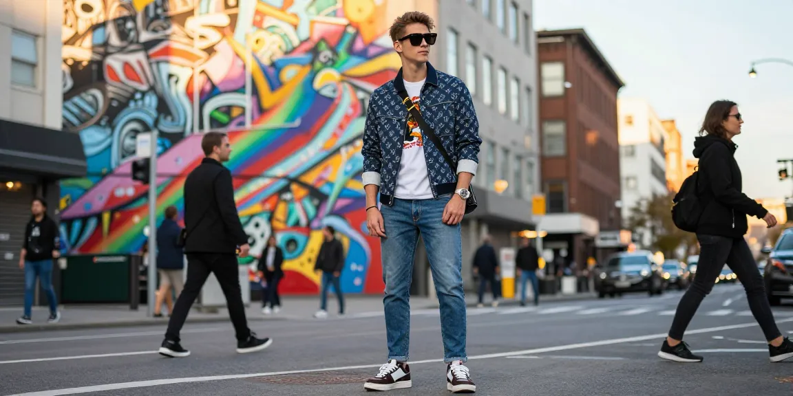 Fashion-forward model showcasing 명품 레플리카 clothing in vibrant urban setting with trendy street style.