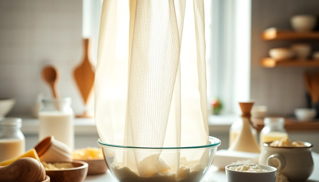 Kaasdoek wordt gebruikt bij het maken van verse zuivelproducten in een lichte keuken.