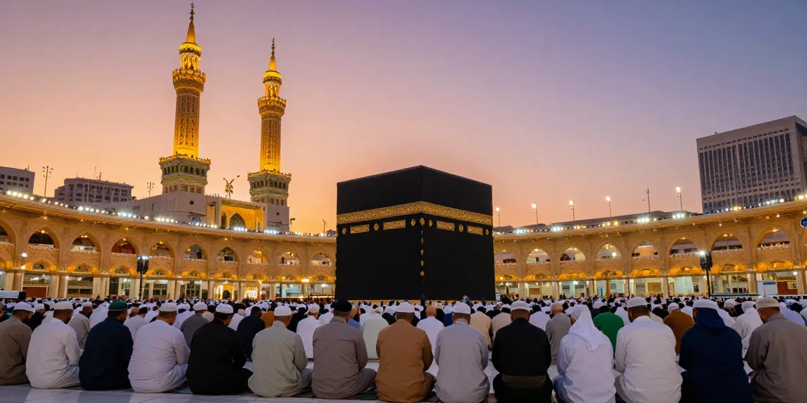 "Pilgrims praying around the Kaaba during umroh full ramadhan, capturing the essence of spirituality and devotion, travel guide for Ramadan pilgrimage."