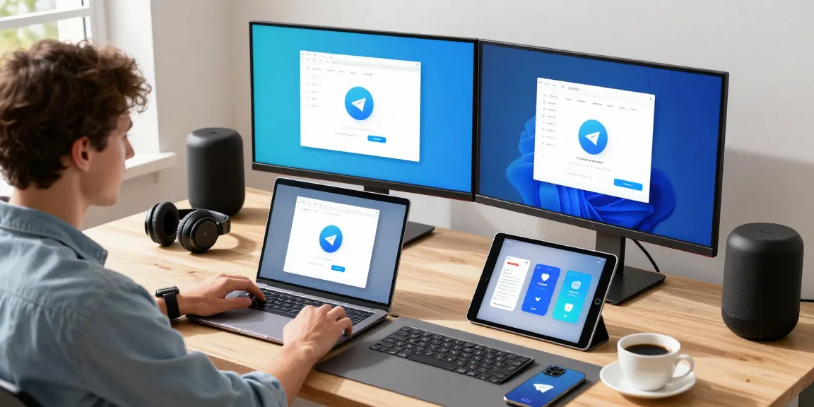 Downloading 纸飞机下载 on various devices in a modern tech workspace.