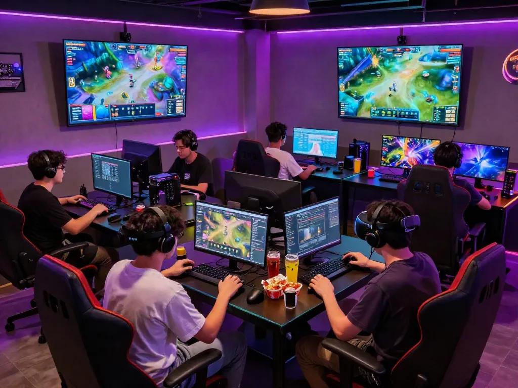 Exciting gaming lounge scene featuring DJARUMBOS with players enjoying competitive play, vibrant digital interface, and energetic atmosphere.