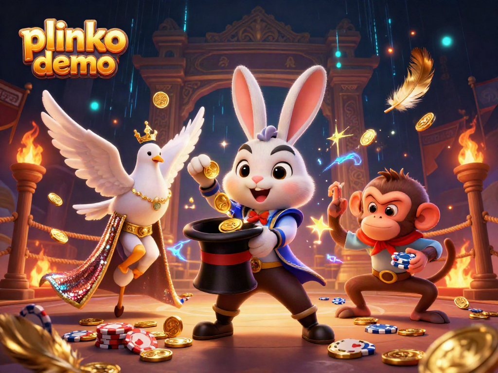 Engage in the exhilarating plinko demo with a vibrant 3D illustration of a magician rabbit, a dove, and a monkey surrounded by casino elements.