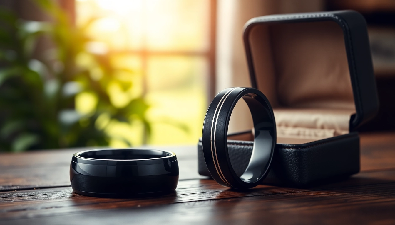 Showcasing exquisite black wedding rings for men in a natural light setting.