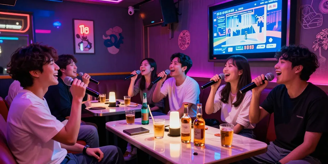 Exciting 제주유흥 karaoke scene with friends enjoying drinks and singing.