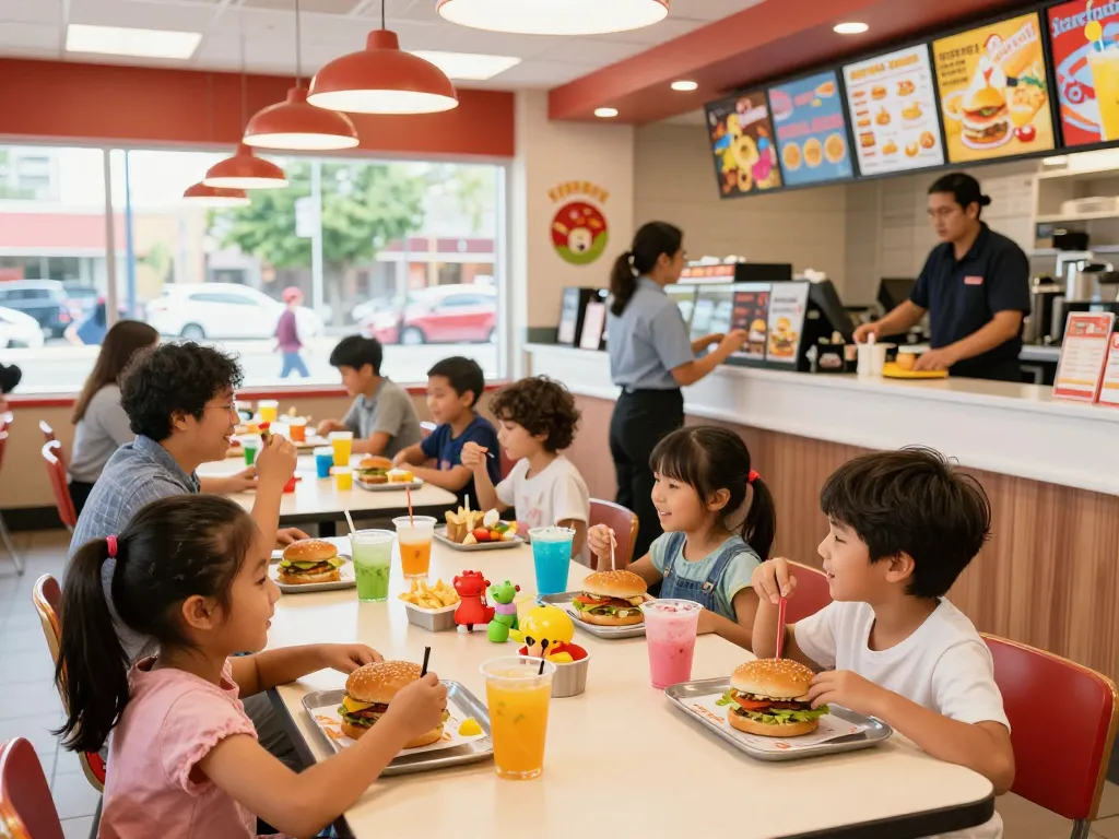 Fast food menu featuring a family enjoying colorful meals in a busy restaurant.