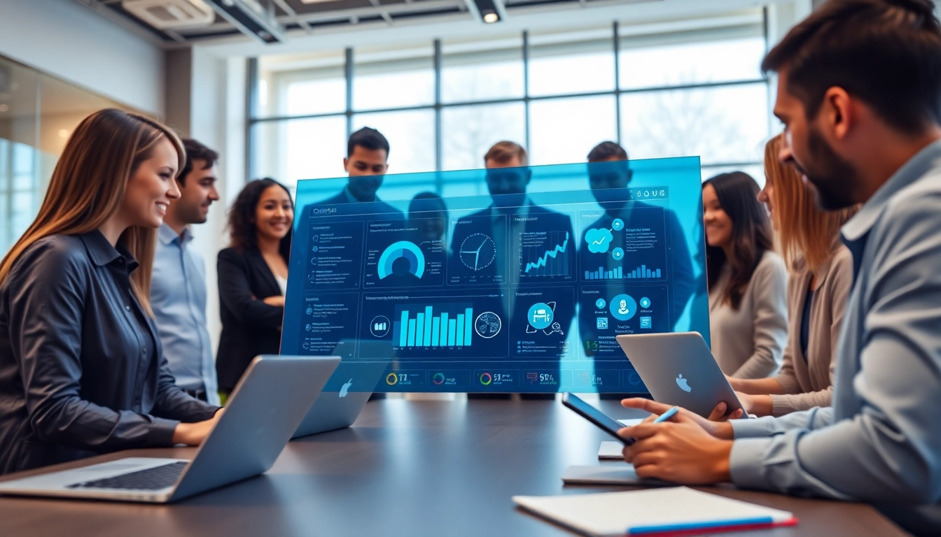 Engaged team collaborating with an assistant for enterprise in a modern office.