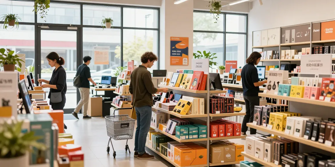 Customer exploring vibrant products in an e-commerce retail store at https://forumup.org/shop/search.php?ca_id=&addr1=&addr2=&addr3=&schKeyword, showcasing an inviting shopping atmosphere.