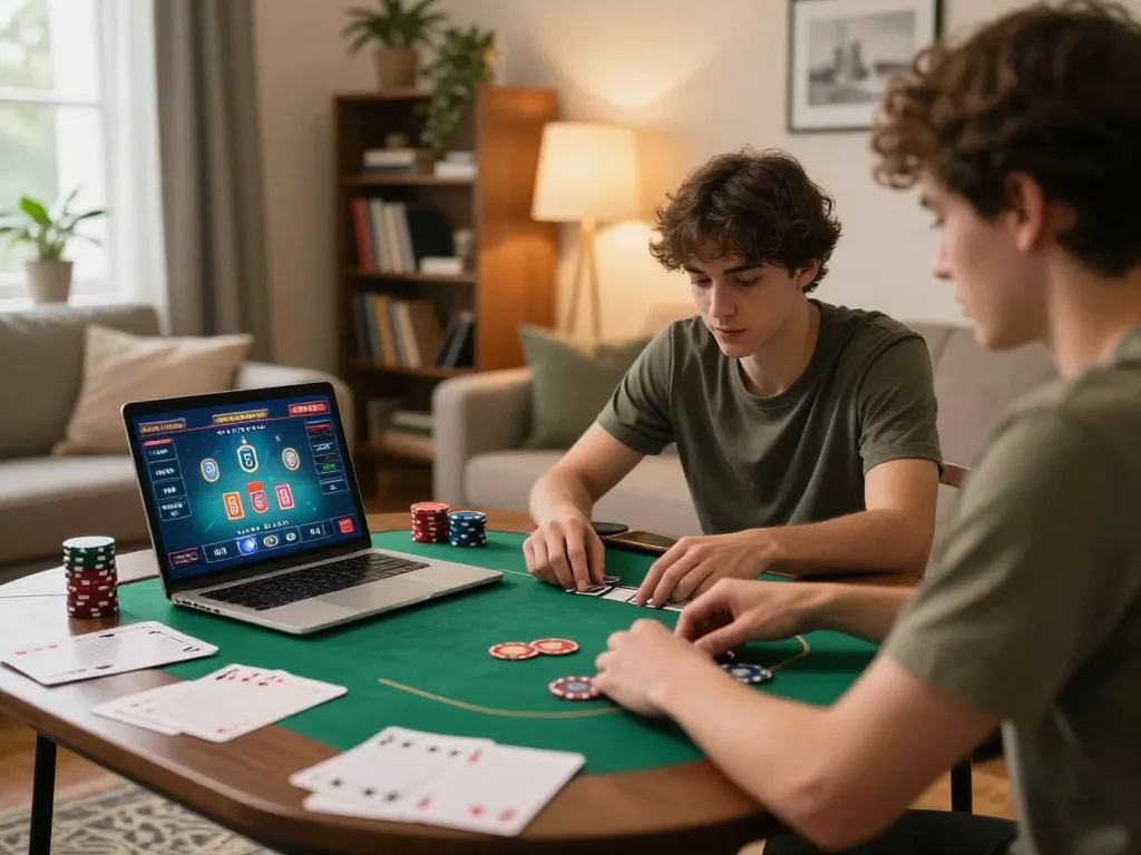 Engaging home poker scene with player analyzing giường bệnh nhân strategy notes and laptop screen displaying poker game.