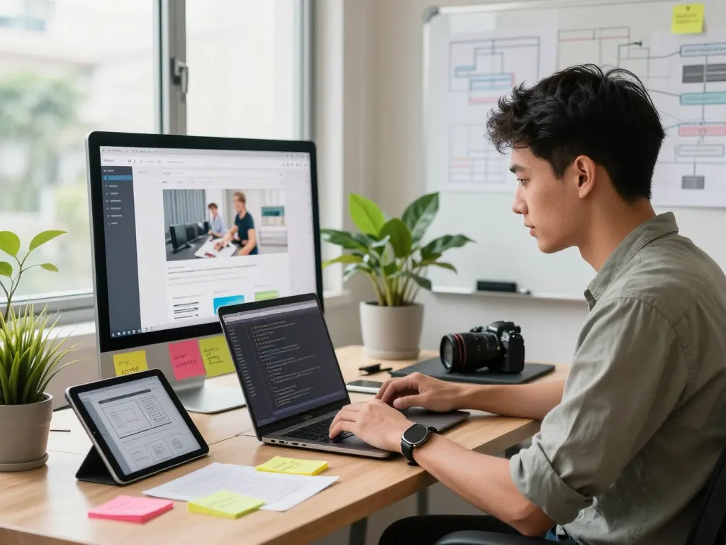 Freelance web development in Kuala Lumpur with a creative workspace showcasing coding on laptop and design elements.