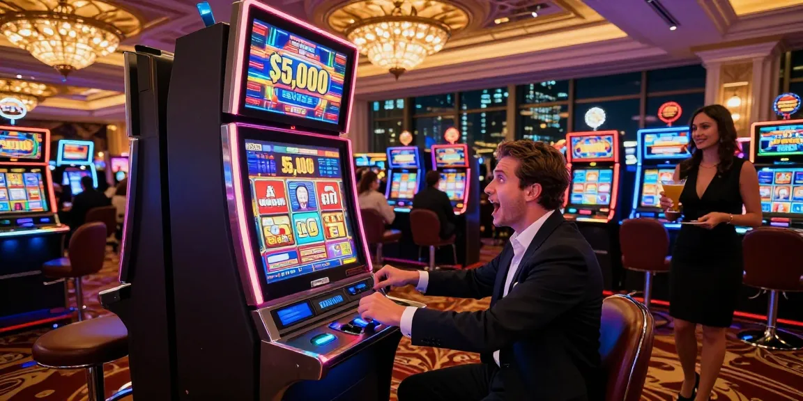 Excited player at a $5,000 slot 5000 machine in a vibrant casino atmosphere, showcasing luxury and thrill.