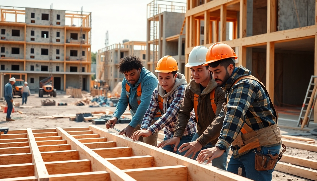 Engaged workers in a construction apprenticeship demonstrating teamwork on-site.