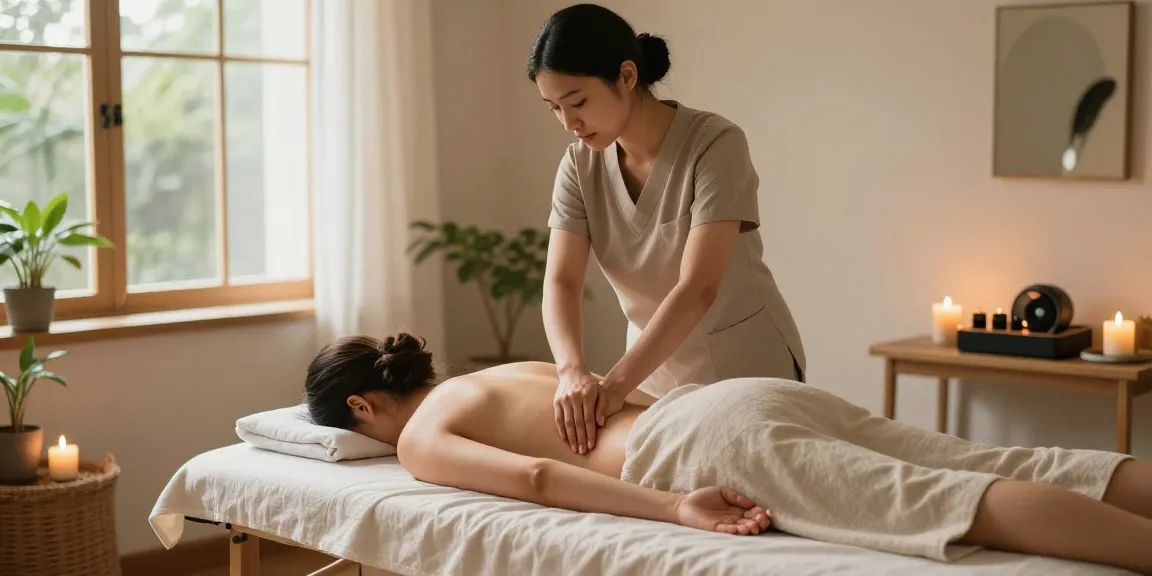 마사지 치료 중인 고객과 전문가의 평온한 모습, 아로마와 식물이 있는 휴식 공간.